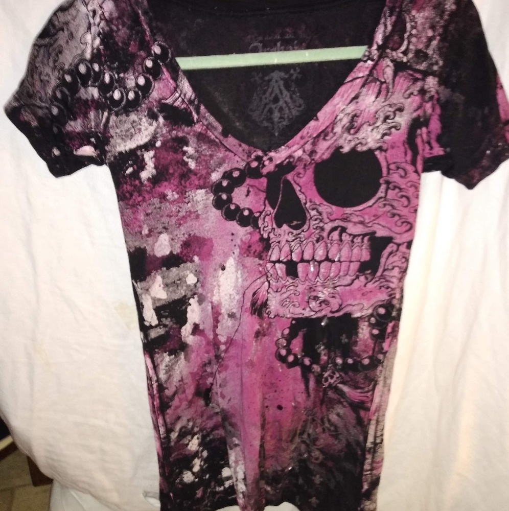 Ladies Affliction Pink Skull size Small